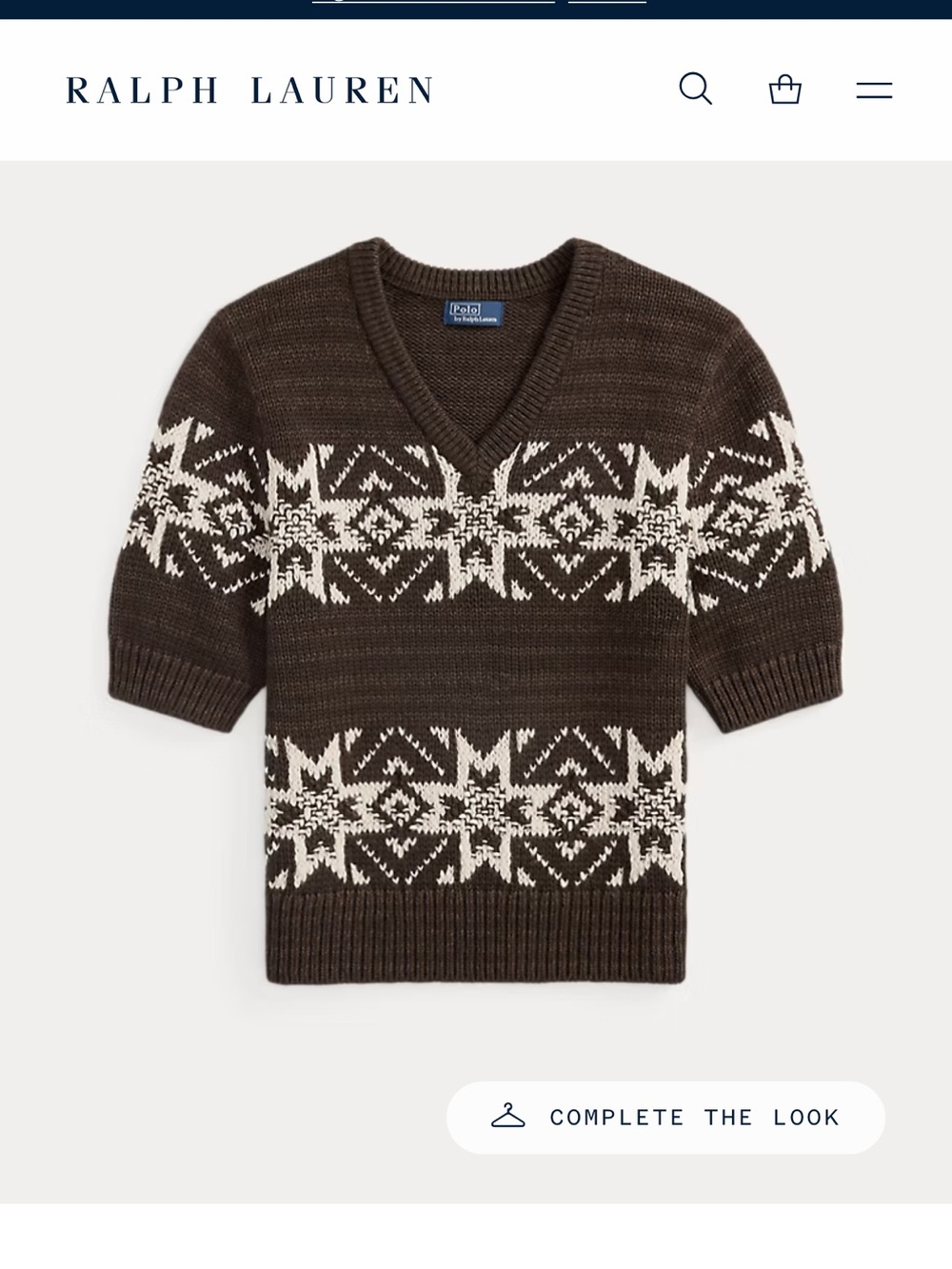 Polo Ralph Lauren Brown Snowflake Fair Isle V‑Neck Sweater Short Sleeve Wool